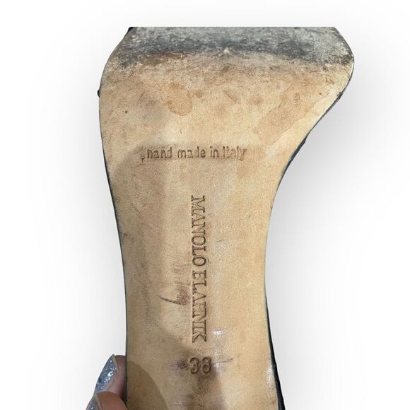 Manolo Blahnik Heels Metallic Color Snakeskin Look Insoles Ankle Elastic - Picture 10 of 10